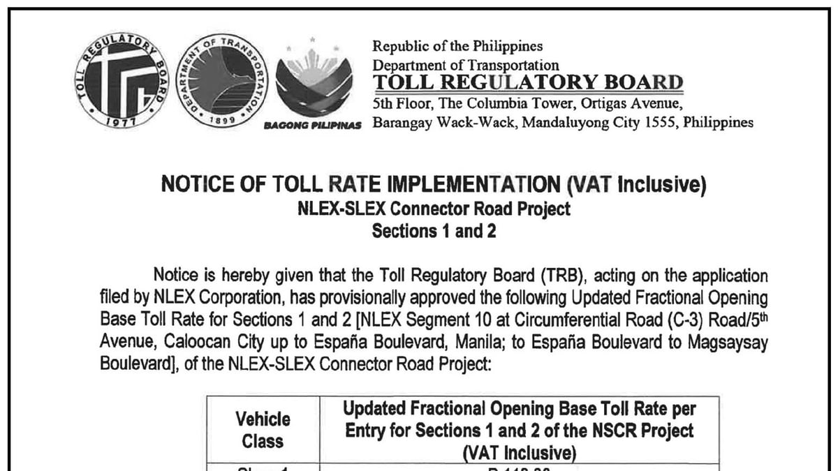 NLEX Corporation - Notice of Toll Rate Implementation (VAT Inclusive)